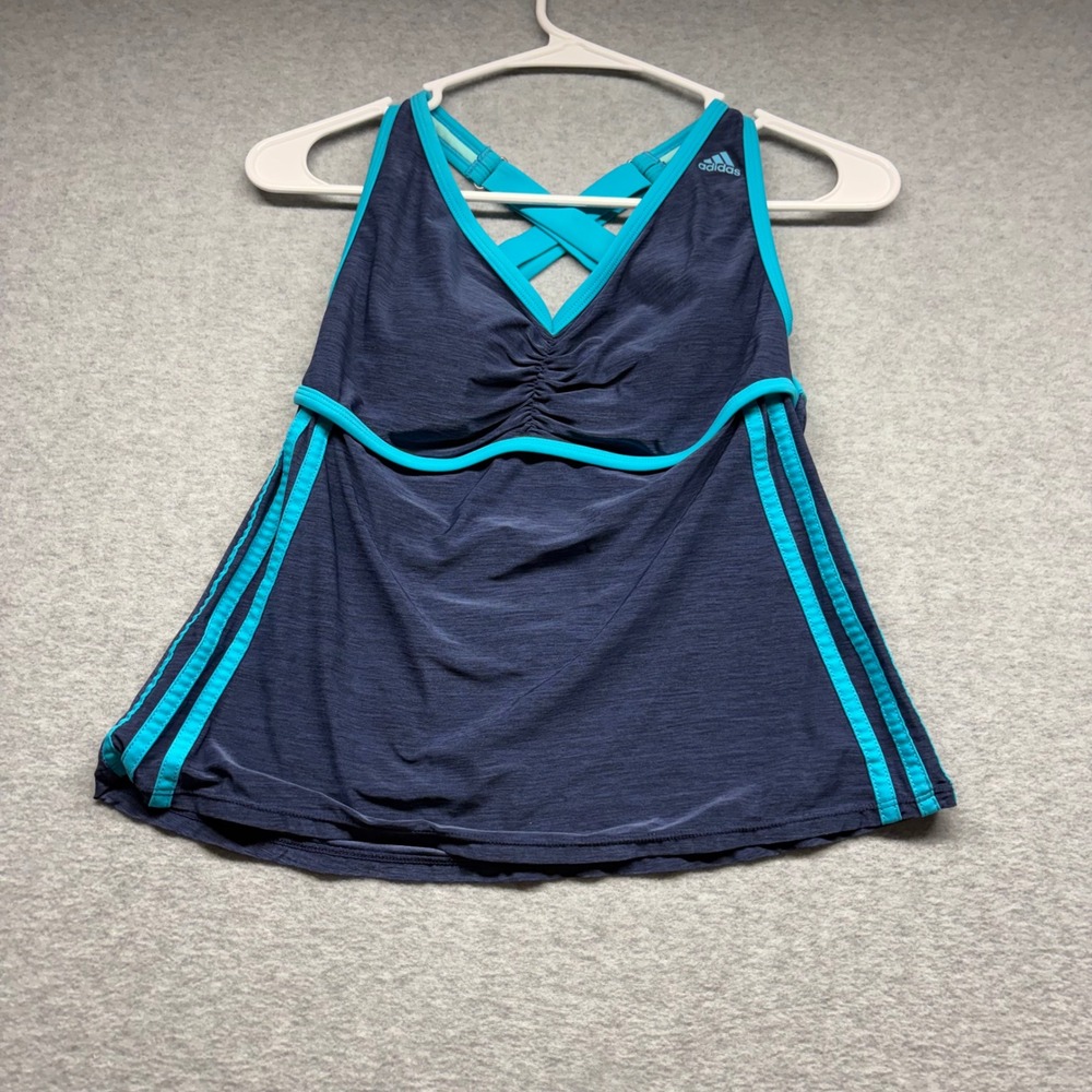 Adidas Womens Navy Turquoise 3-Stripe Tankini Swim Top Size Medium Sporty V-Neck